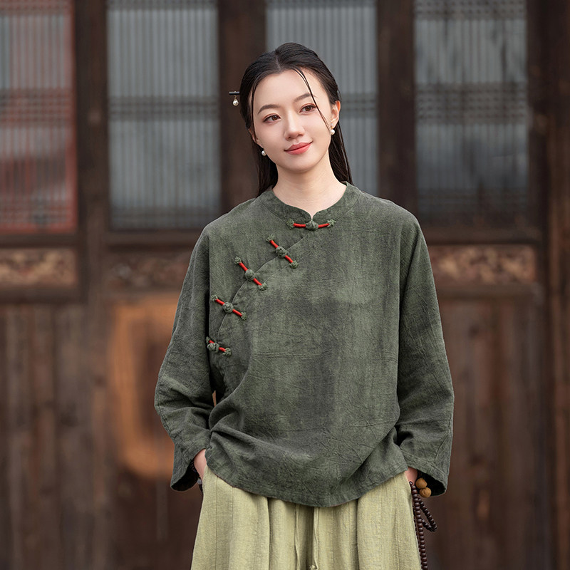 棉麻复古盘扣女新款新中式文艺宽松禅意茶服立领晕染斜襟印花衬衫