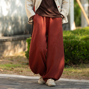 女秋冬季 太极裤 高端苎麻裤 宽松灯笼裤 子加绒加厚休闲裤 棉麻阔腿裤