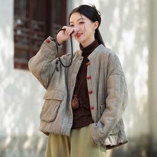 苎麻手工扎染短款 新中式 原创禅意女装 新款 棉衣 棉麻夹棉棉袄女冬季