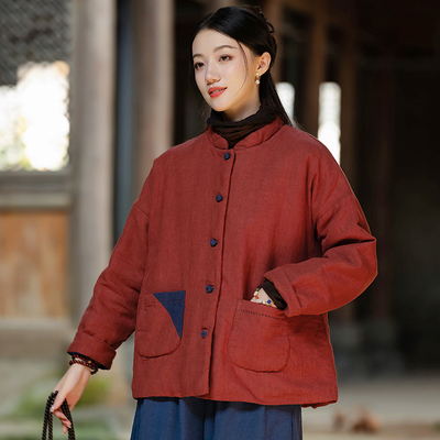 盘扣短款棉衣棉麻外套国风夹棉