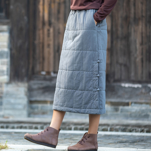 夹棉半身裙冬季 盘扣加厚直筒裙茶服棉服原创文艺复古 a字百搭中式