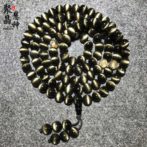 一物一图天然金曜石猫眼手链108颗佛珠多圈弧形猫眼石黑曜石手串 - 封面