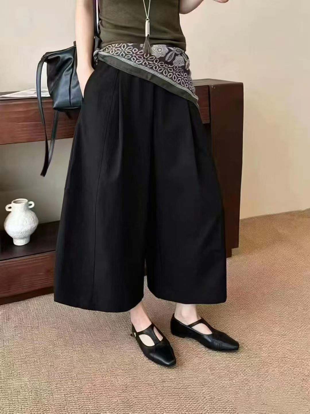 欧洲站2026秋季新韩版时尚高腰显瘦百搭拼接腰带阔腿休闲裤女