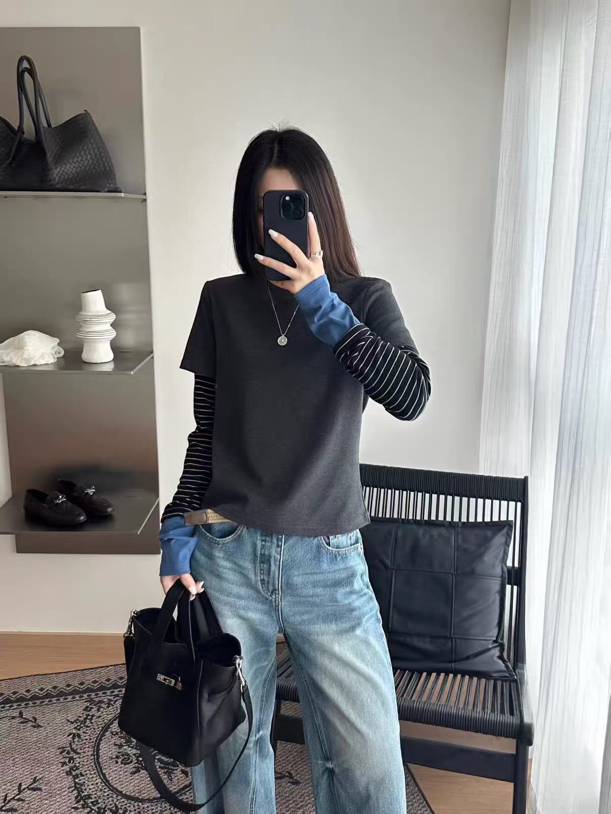 欧洲站2026秋季新韩版时尚圆领宽松显瘦百搭拼接条纹长袖T恤女