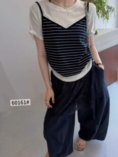 欧洲站2026夏季新韩版时尚圆领宽松显瘦百搭条纹吊带假两件t桖女