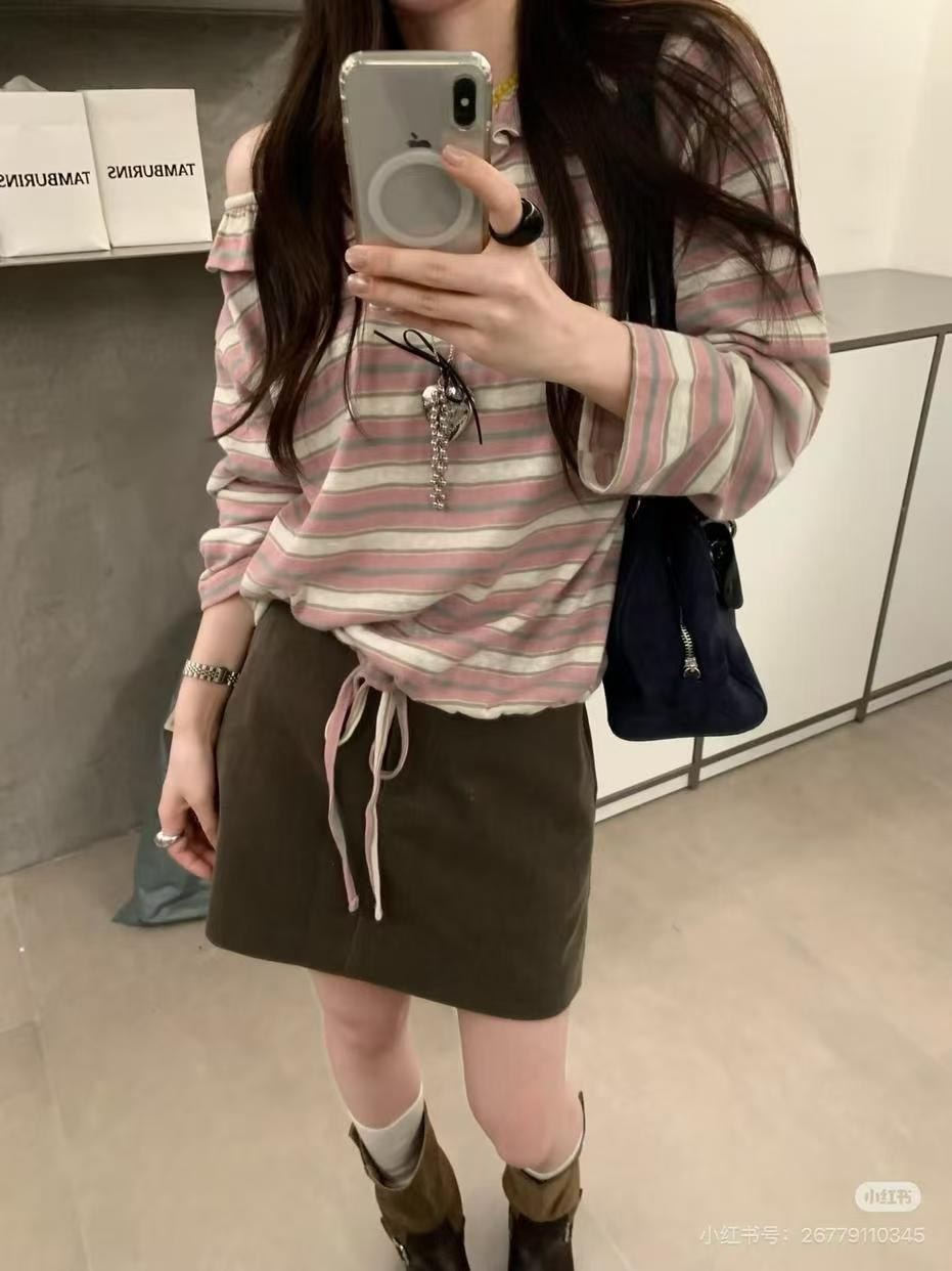 欧洲站2026秋季新韩版时尚木耳边领宽松显瘦百搭条纹长袖T恤女