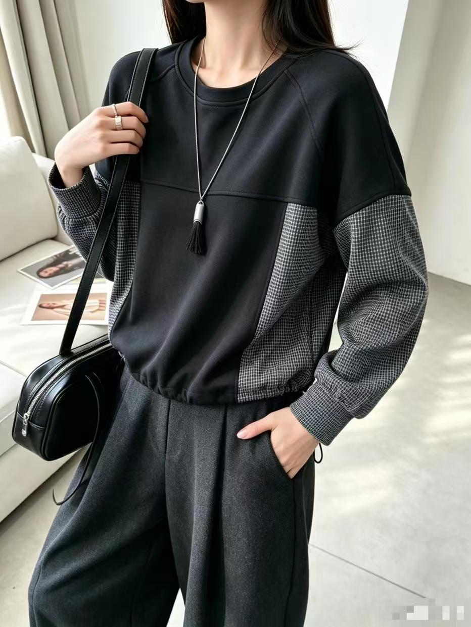 欧洲站2026秋季新韩版时尚圆领宽松显瘦百搭拼接格子长袖卫衣女
