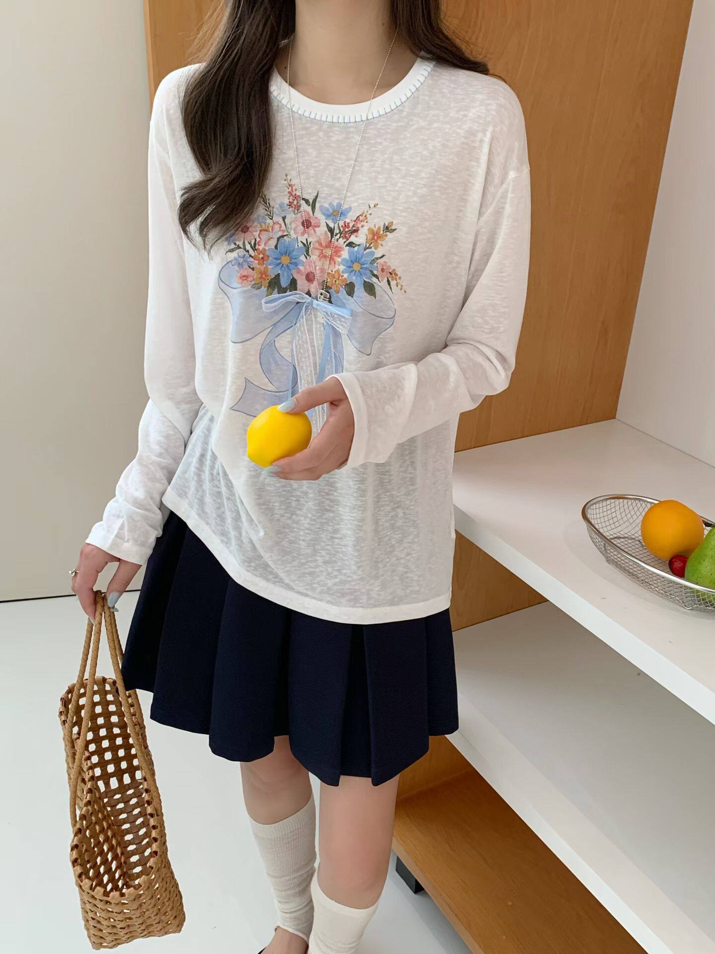 2026夏季新韩版时尚圆领宽松显瘦百搭蝴蝶结印花条纹防晒t桖女
