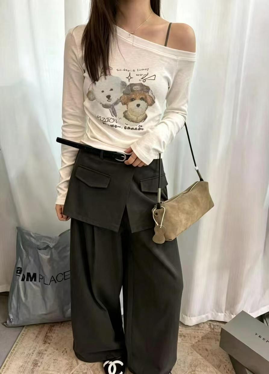 欧洲站2026秋季新韩版时尚一字肩宽松显瘦百搭卡通字母长袖T恤女
