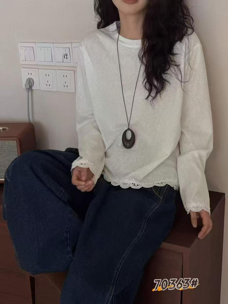 欧洲站2026秋季新韩版时尚圆领宽松显瘦百搭拼接蕾丝长袖T恤女