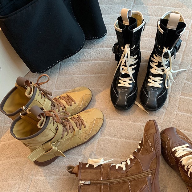 明星同款~真皮内增高复古德训马丁靴女秋冬运动风中短筒拳击靴子