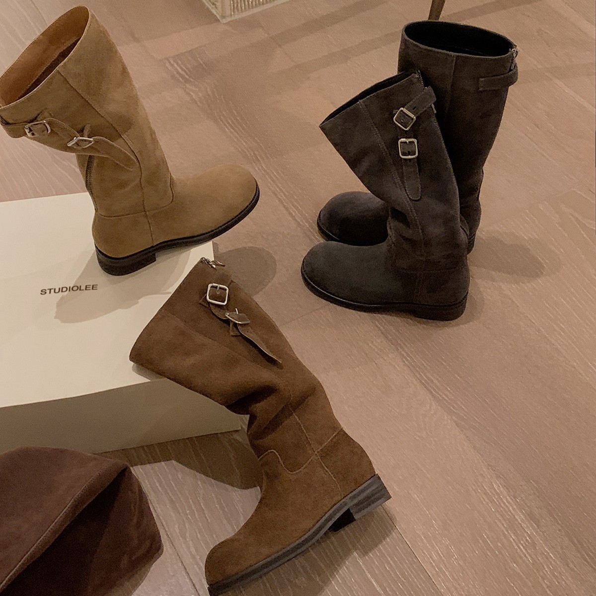 内增高靴子女美拉德棕色圆头显瘦中筒靴不过膝小个子休闲堆堆长靴