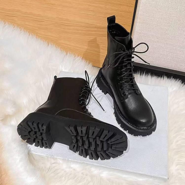 秋冬新款厚底系带粗跟马丁靴女小码女靴32 33胖宽脚大码短靴41-43