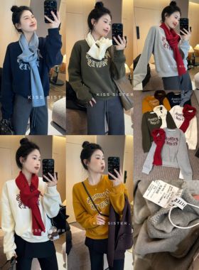 韩版时尚潮流圆领刺绣字母质感加绒保暖时髦卫衣(配围巾)A1981