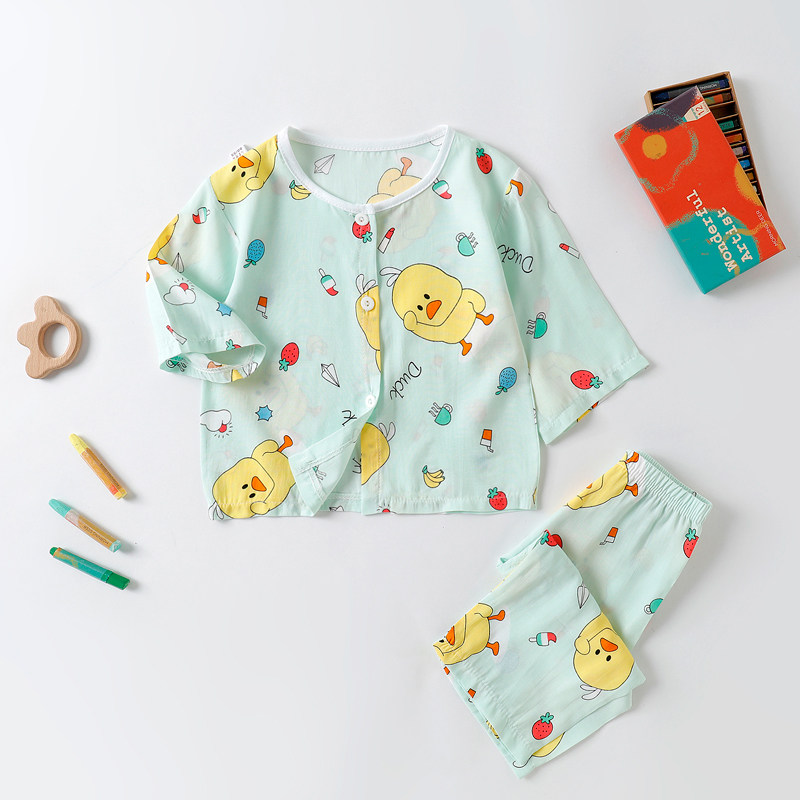 女宝宝棉绸套装开衫男婴儿幼儿绵绸小孩空调服儿童居家人造棉睡衣