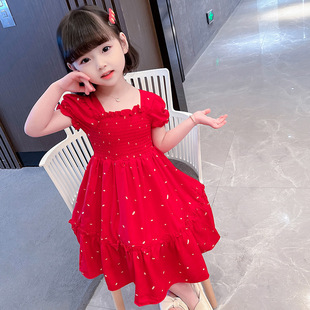 女童夏季 大红色连衣裙儿童中长款 裙子1岁女宝宝洋气雪纺纱公主裙2