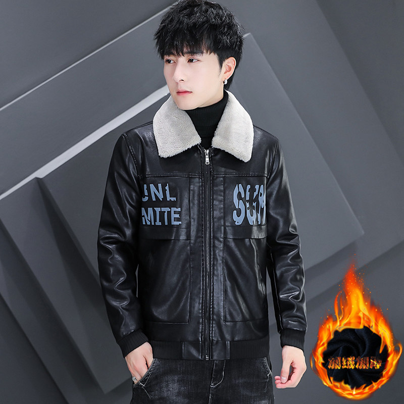 秋冬加绒羊羔毛翻领印花休闲男士皮衣夹克外套XZ313B-1-A008-P130,男装皮衣,星座310B-3