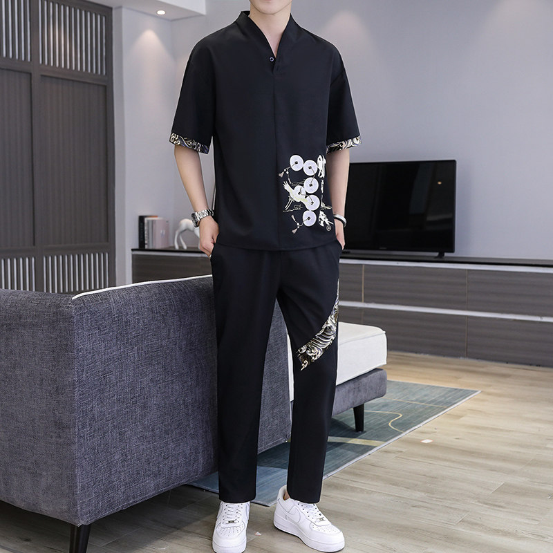 2021主推大货风套装男短袖大码汉服两件套XZ313B-1-TZ888-P50,男装休闲套装,星座310B-3