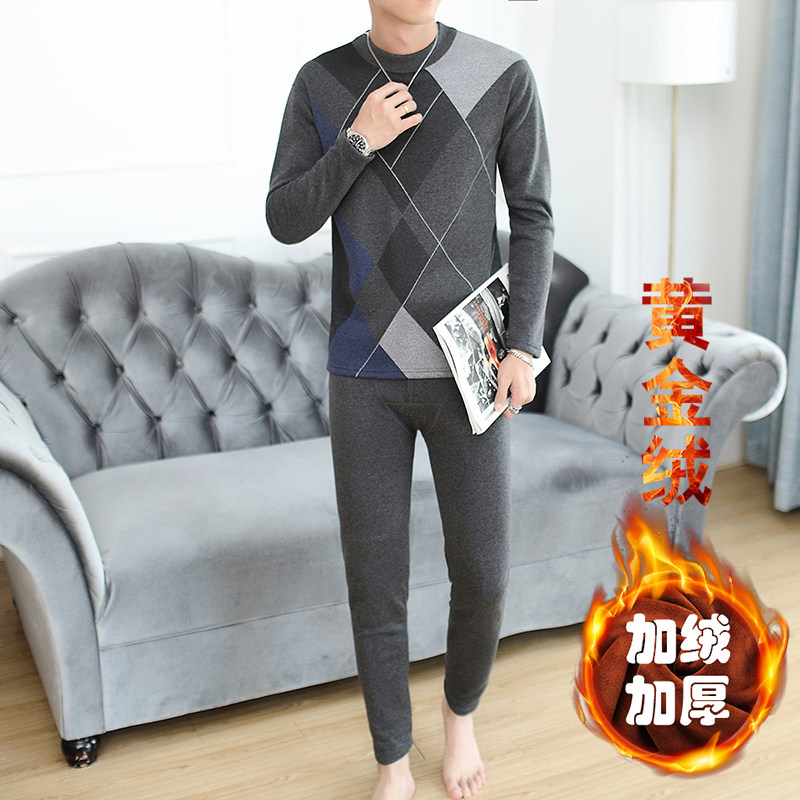 秋冬男士休闲加绒加厚保暖长袖两件套套装XZ313B-1-TZ77-P65图片