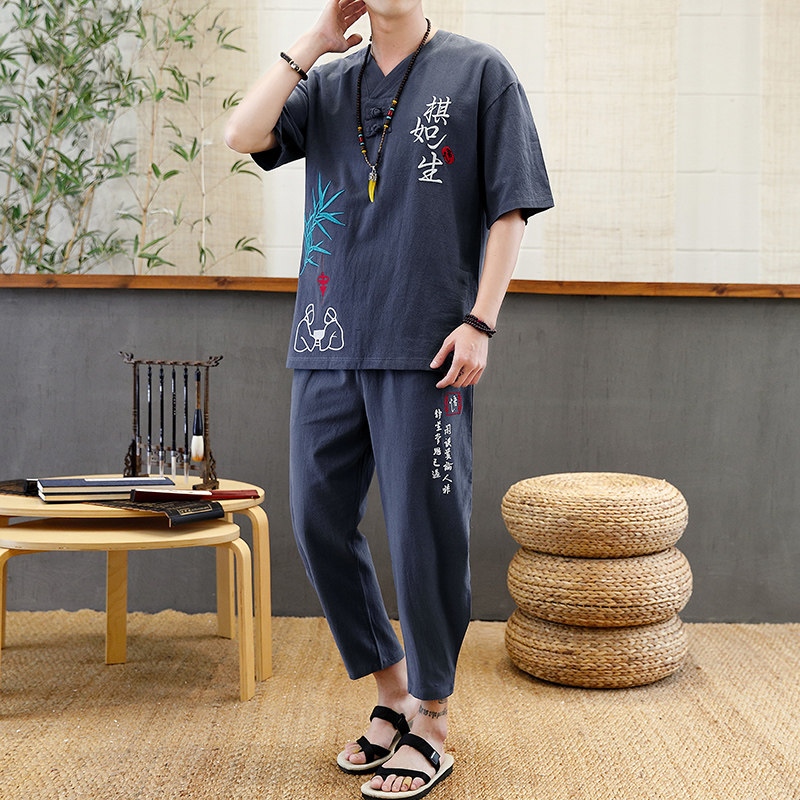 风棉麻套装男短袖大码时尚刺绣两件套XZ313B-1-TZ2016-P48,男装休闲套装,星座310B-3