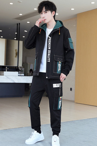 春季男士连帽派克服夹克外套休闲束脚裤套装XZ313B-1TZ202图片