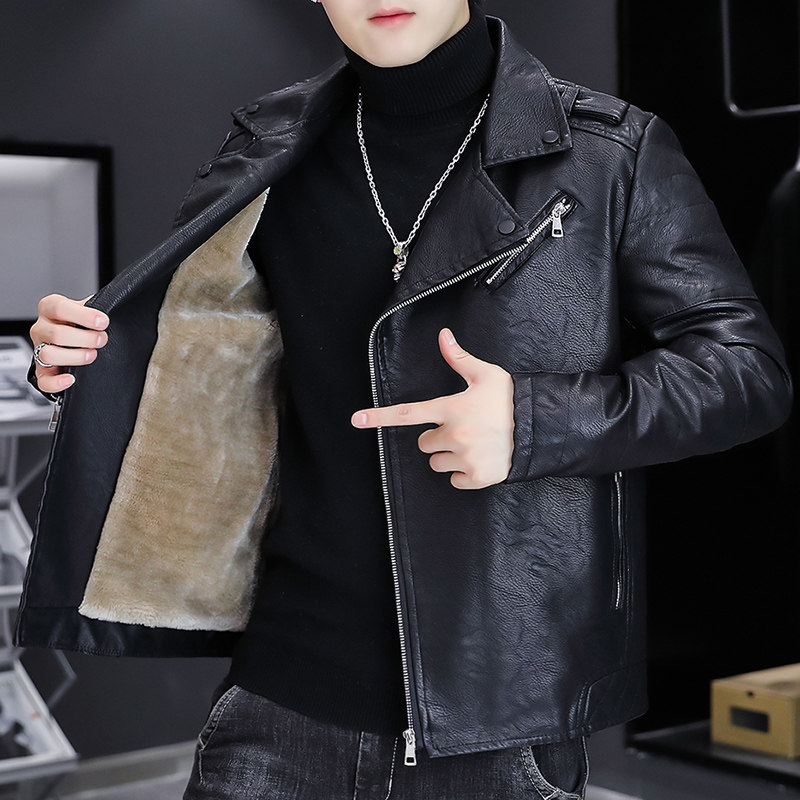 秋冬加绒加厚皮衣型男帅气机车服皮夹克外套XZ313B-1-PY916-P130图片
