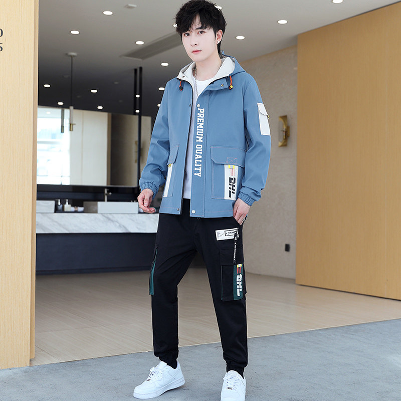 春季男士连帽派克服夹克外套休闲束脚裤套装XZ313B-1TZ202,男装休闲套装,星座310B-3