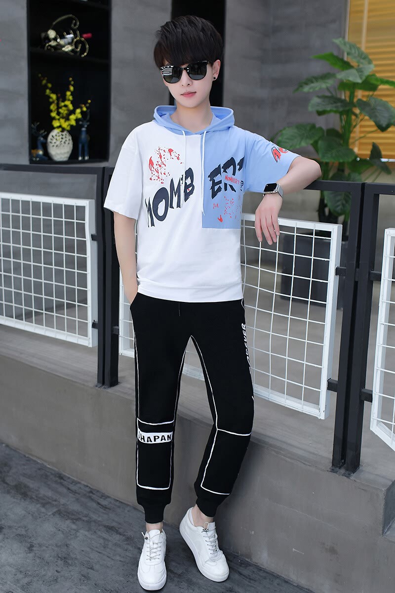 套装男青少年时尚休闲连帽短袖T恤长裤套装XZ313B-1-T145-P70,男装休闲套装,星座310B-3