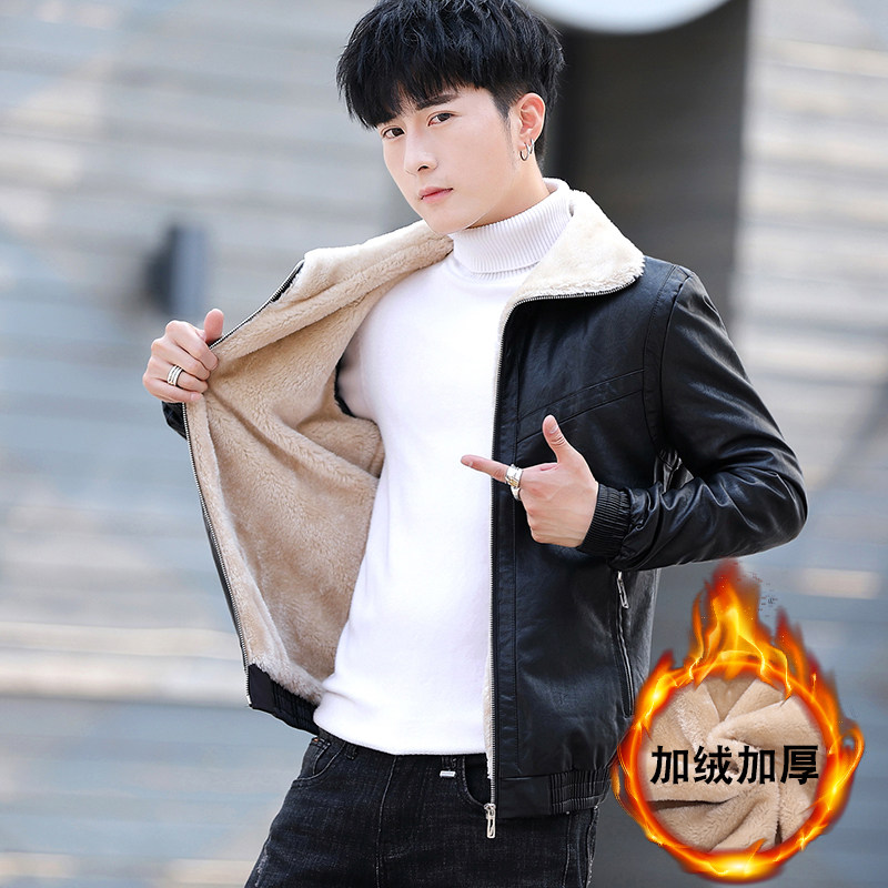 秋冬加绒皮衣青年机车服帅气皮夹克外套男XZ313B-1- A01-P120图片