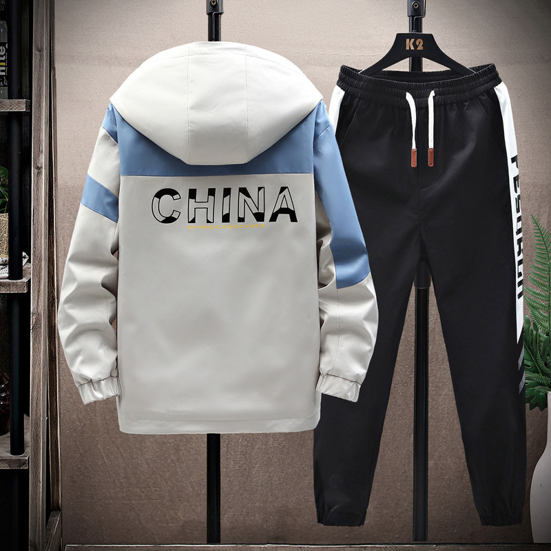 春季新款工装连帽夹克外套休闲运动套装束脚裤XZ313B-1TZ17,男装休闲套装,星座310B-3
