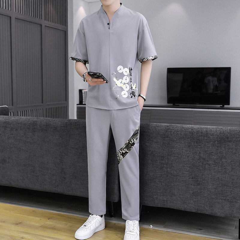 2021主推大货风套装男短袖大码汉服两件套XZ313B-1-TZ888-P50,男装休闲套装,星座310B-3