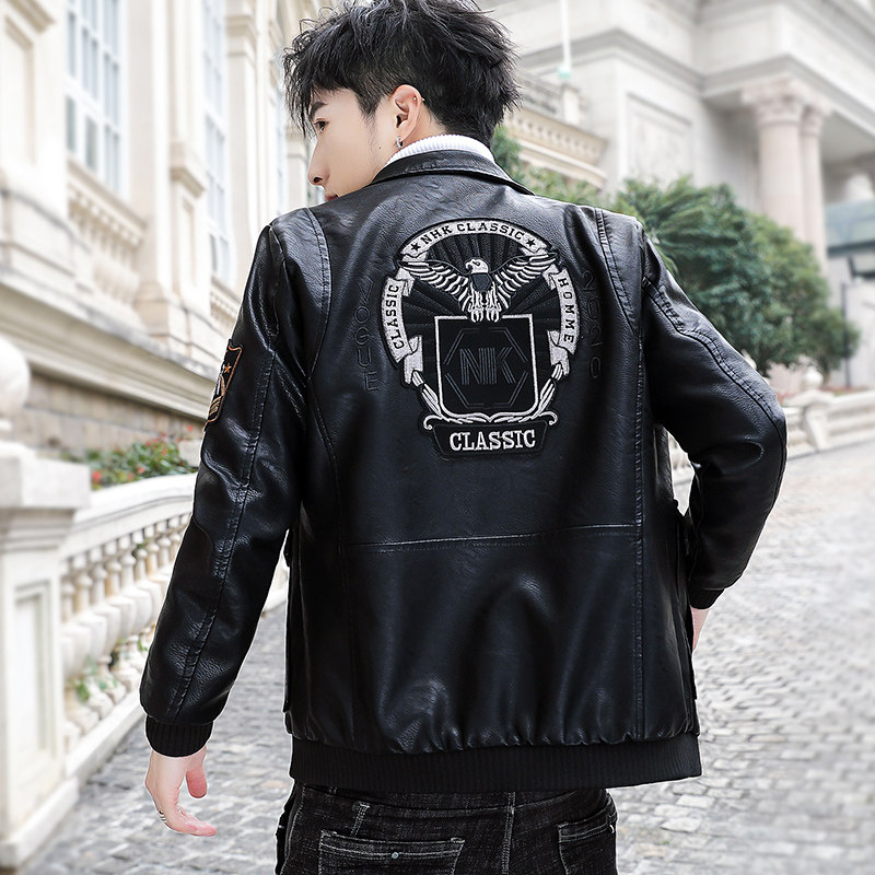 冬季加绒皮衣青年个性徽章机车服帅气皮夹克外套男 PY1806-P130图片
