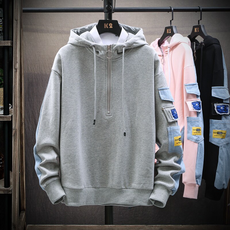 秋季新款日系拼接时尚高品质牛仔宽松连帽卫衣XZ313B-1-NZ017-P70,男装卫衣,星座310B-3