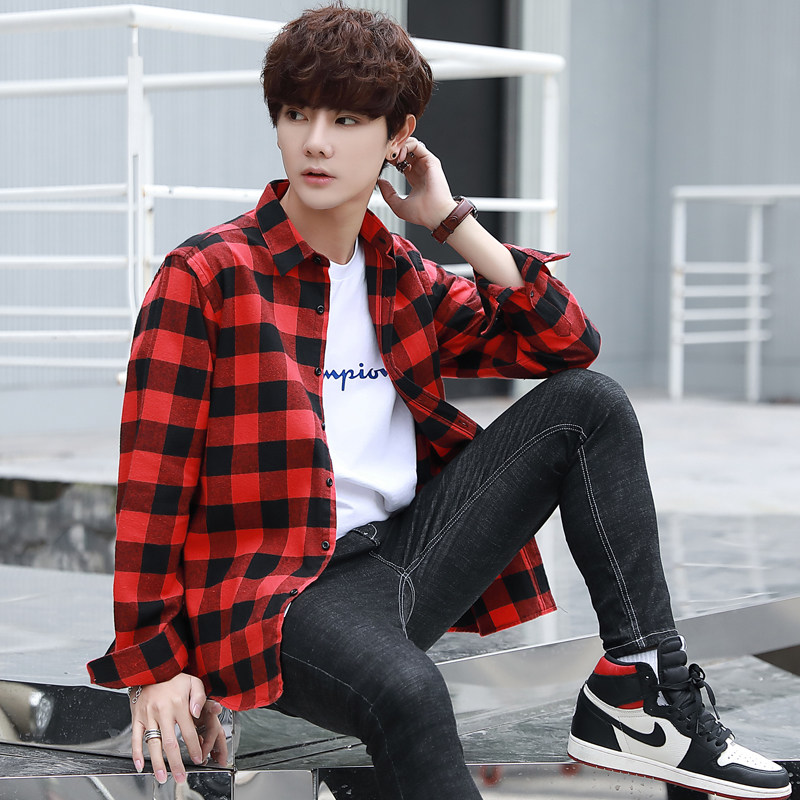 格子衬衫男长袖新款秋秋季潮流休闲衬衣XZ313B-1- 9692-P50图片