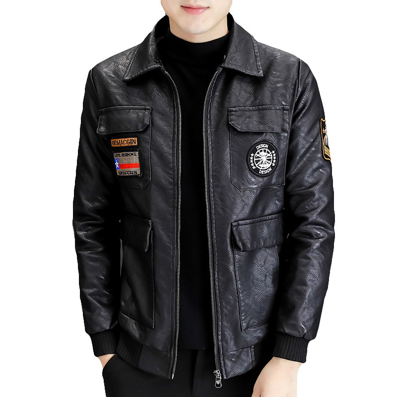 秋冬季加绒皮衣青年个性徽章机车服帅气皮夹克外套男PY1806-P130,男装皮衣,星座310B-3