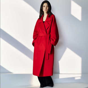 中国红双面羊绒大衣西装领中长款秋冬季赫本风高端修身过膝外套女