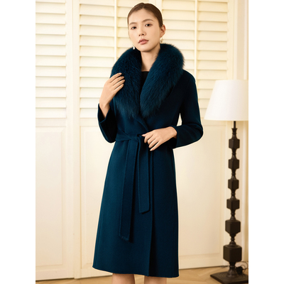 双面羊绒大衣女中长款修身秋冬新款狐狸毛领长款高端羊毛呢子外套