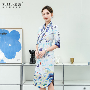 海南航空修身印花中长款国风旗袍工服空姐制服乘务院校实训连衣裙
