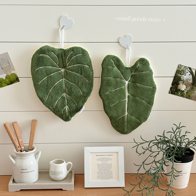 龟背叶创意擦手巾珊瑚绒家用擦手布厨房挂式擦手毛巾双层吸水