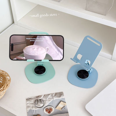 马卡龙蓝色手机支架360度旋转桌面手机直播追剧架子ins金属折叠架