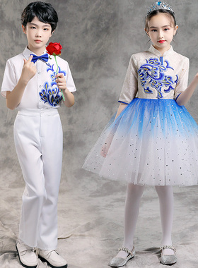 青花瓷六一儿童合唱服演出服小学生表演服装女童蓬蓬裙礼服舞蹈服