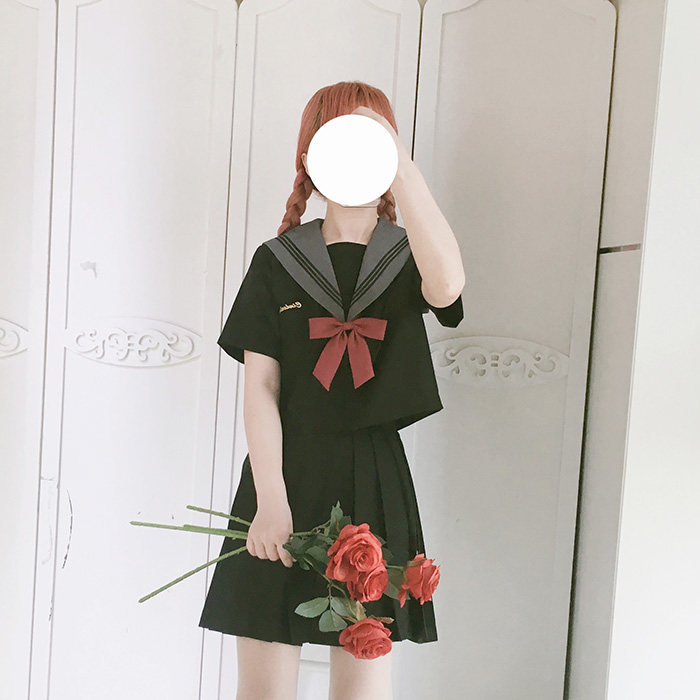 jk短袖水手服学院风黑色套装显瘦图片
