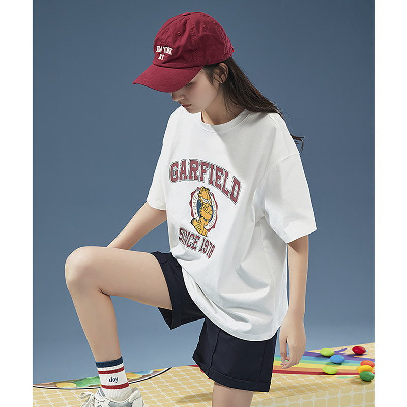 [加菲猫联名]2022春夏新款短袖白色t恤设计感小众女内搭别致上衣Q