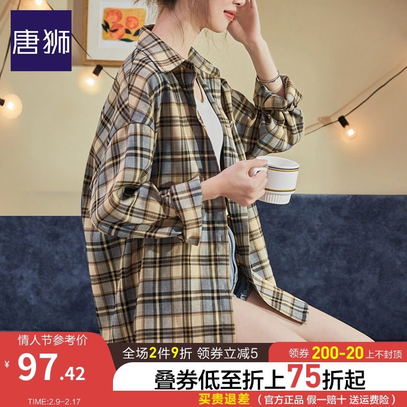 唐狮长袖衬衫女2021秋装新款韩版学生潮流格子衬衣港风