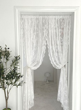 白色法式蕾丝门帘窗帘免打孔魔术贴卧室飘窗厨房纱帘半帘隔断帘