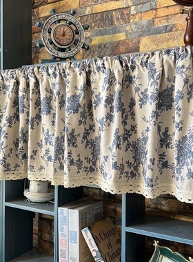 高级感美式复古小蓝花免打孔卧室门帘橱柜半帘厨房卫生间遮挡帘