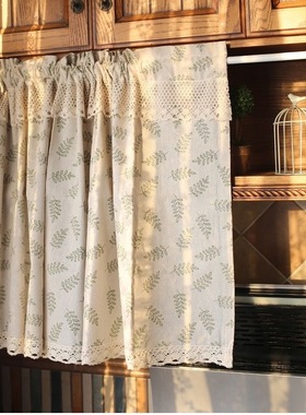 免打孔美式复古棉麻小绿叶半帘卧室门帘咖啡帘卫生间厨房遮挡帘