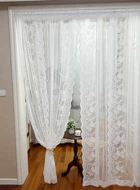 免打孔魔术贴窗帘窗纱帘法式白色蕾丝客厅阳台飘窗门帘隔断穿杆帘