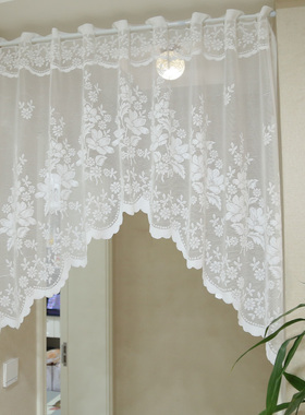 田园蕾丝白色纱帘门帘免打孔隔断帘魔术贴成品飘窗厨房弧形帘