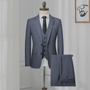 胸针点缀平驳领婚礼男士 春秋轻商务经典 西服套装 三件套含马甲